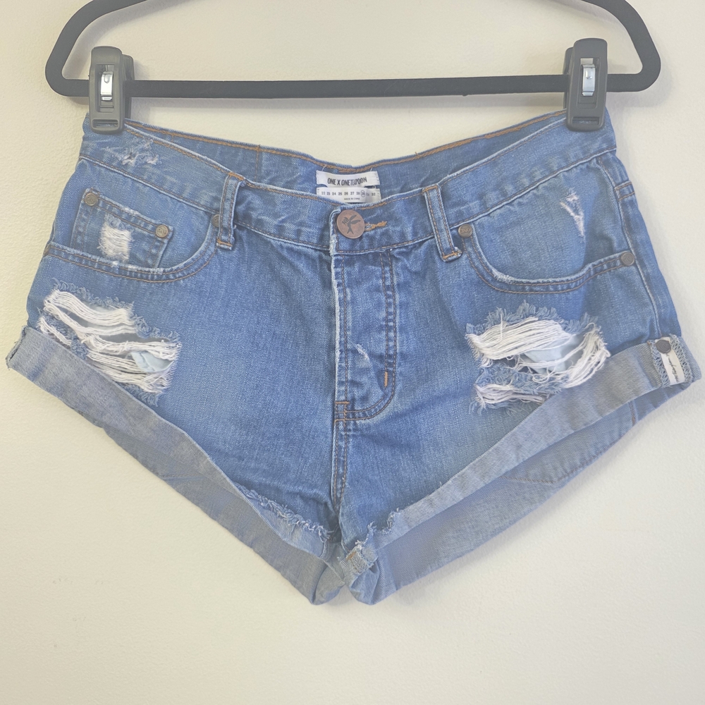 One Teaspoon Medium Blue Distressed Rolled-Hem Jean Shorts